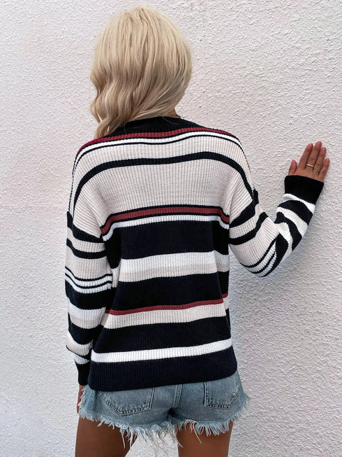 'Eulalie' Striped Pullover Knit Sweater - Celes Fashion